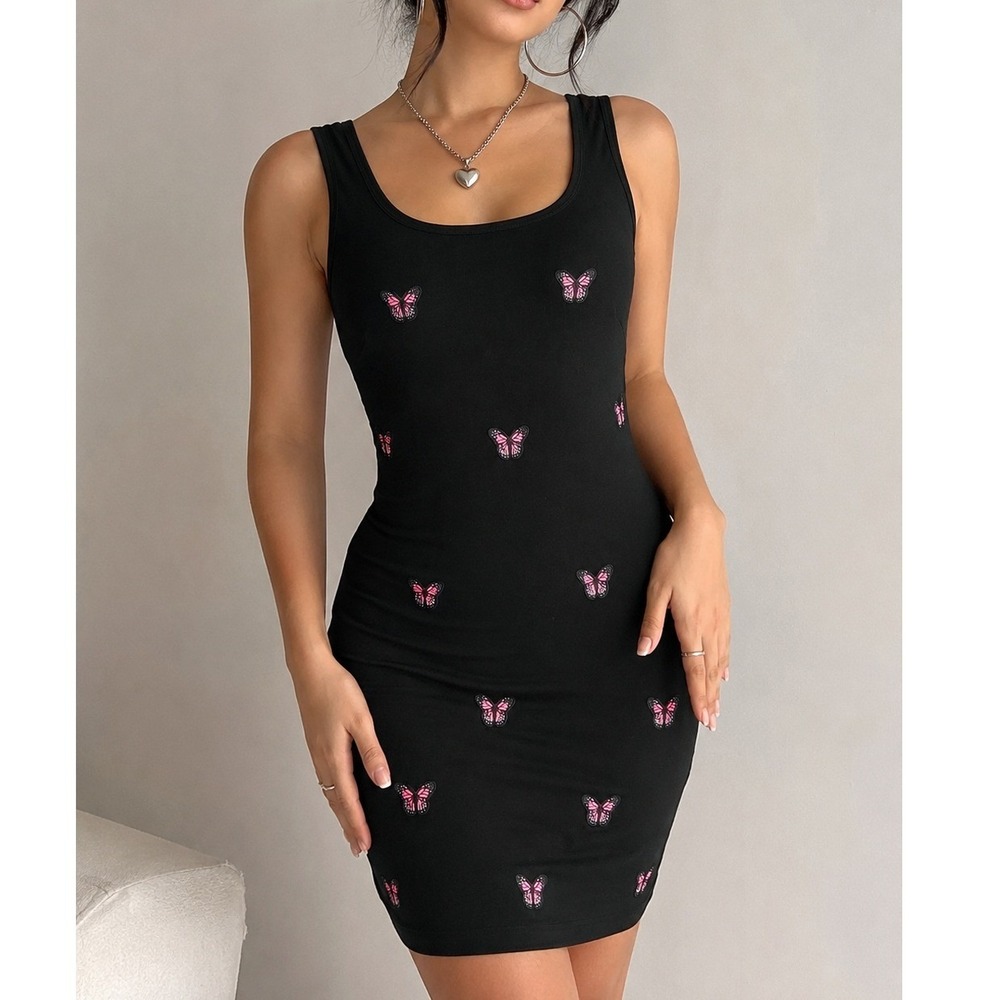 Black Butterfly Bodycon Mini Dress Sleeveless Y2K Stretch Tank Dress M